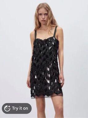Zara Black Sequin Slip Dress - Women's Evening Dress